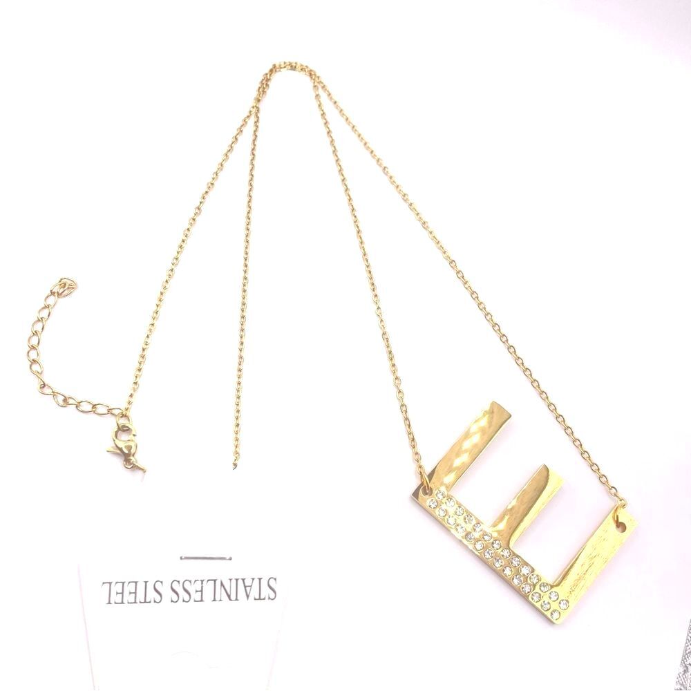 Gold Chain Pendant Necklace Monogram Initial “E” Rhinestone Pendant Necklace
